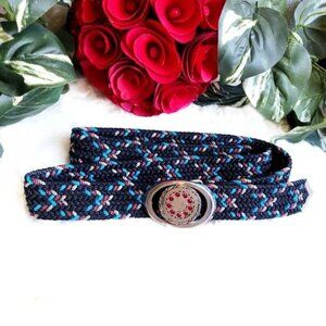 Vintage Black Macrame Woven Western Belt Boho Cowgirl L/XL Silver Ruby Buckle